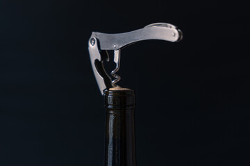 Long narrow neck of wine bottle with corkscrew inserted into cork isolated on black background