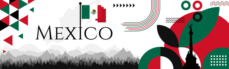 Obraz premium The Mexico Independence Day abstract banner design with flag and map. Flag color theme geometric pattern retro modern Illustration design. Green, white and Red color template.
