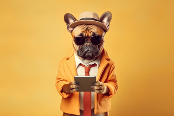 happy dog speaking on phone standing on colored background