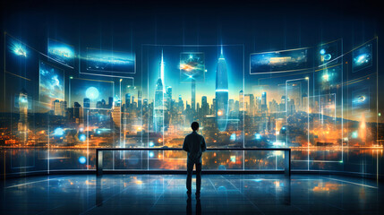 A space dedicated to virtual travel, with screens showcasing global cities.