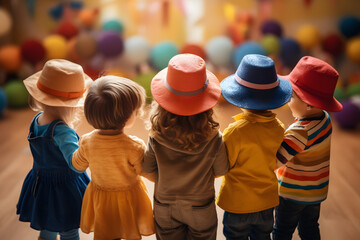A group of children wearing colorful hats and holding hands in a circle