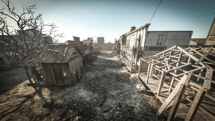 3D illustration rendering of an empty street in an old wild west town with wooden buildings.