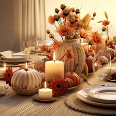 a table setting with candles, pumpkins and flowers in the centerpiece for thanksgiving dinner tablescape decor ideas