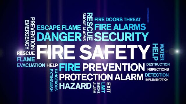 Fire Safety animated tag word cloud;text design animation kinetic typography seamless loop.