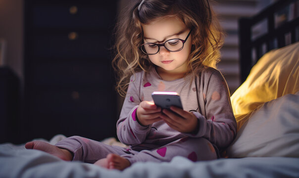 Children using smartphone in bed time