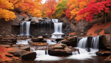 A waterfall in the park during autumn