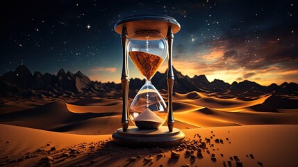 hourglass in desert - obrazy, fototapety, plakaty