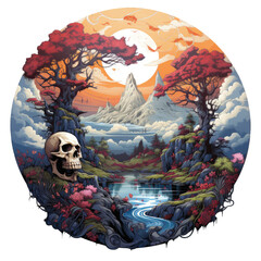 A skull head t-shirt design showcasing a surreal and dreamlike landscape, with the skull hovering in a surreal realm of floating islands, twisted trees, Generative Ai