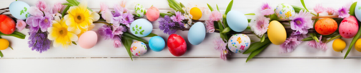 Obraz na płótnie Canvas カラフルなイースターの卵と春の花のバナー　Generative AI