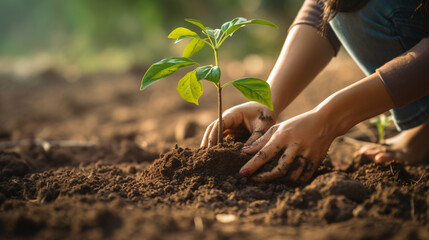 Woman's hands scooping soil to plant trees, environmental conservation concept Protect and preserve resources plant trees to reduce global warming use renewable energy conservation of natural forests - obrazy, fototapety, plakaty
