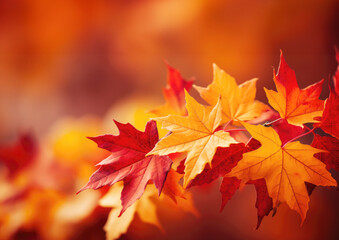 Autumn background with maple leaves and bokeh defocused lights. created by generative AI technology.