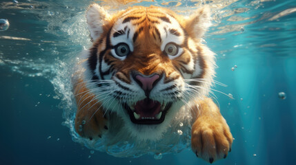 Close-up of a tiger swimming underwater in the water with its mouth open. created by generative AI technology. - obrazy, fototapety, plakaty