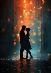 Silhouette of a loving couple dancing in the winter forest. created by generative AI technology.