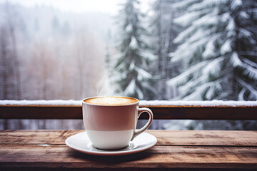 cup of coffee on a wooden table, winter wonderland on the background 