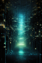 Futuristic corridor with glowing lights, 3d render abstract background created by generative AI technology.