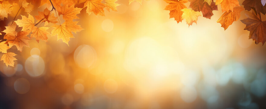 Autumn background with maple leaves and bokeh. Banner. created by generative AI technology.