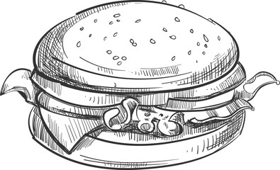 Burger sketch. Hand drawn hamburger. Fast food engraving