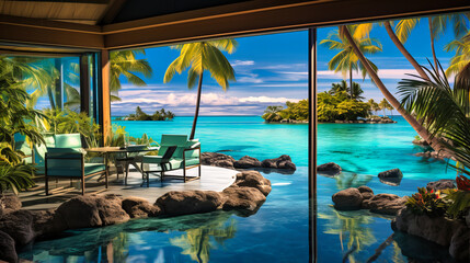 Island paradise office with lagoon pools and tiki huts - obrazy, fototapety, plakaty