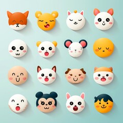 Set of animal faces, face emojis, stickers, emoticons,cartoon funny mascot characters face set