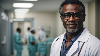 Ritratto di un dottore di origini africane in ospedale, con occhiali, medico professionale, 50 anni