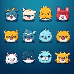 Set of animal faces, face emojis, stickers, emoticons,cartoon funny mascot characters face set