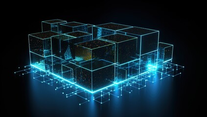 A block chain block is shown in front of a dark background 