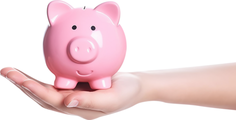 Hand holding a thrifty pink pig isolated on transparent background