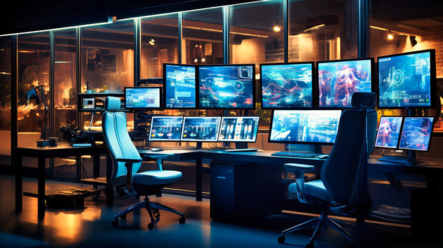 Digital command center with multiple screens and ergonomic chairs