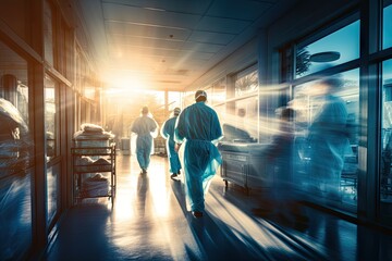 Medical professionals wearing blue scrubs walk down a hospital corridor with a bright light shining through the windows and motion blur effect. - obrazy, fototapety, plakaty