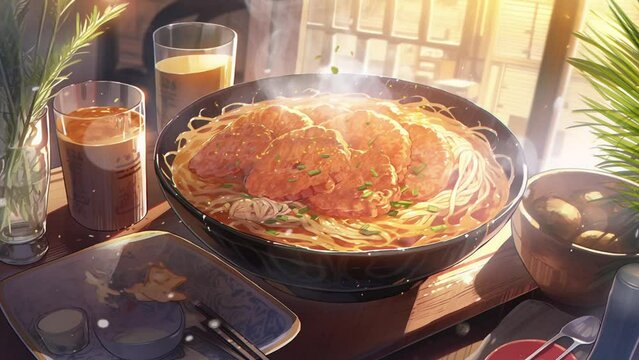 Ramen noodle anime cartoon fantasy landscape with animation cartoon style video art design