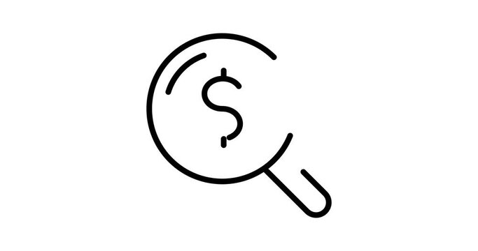 dollar search animated outline icon on white background. dollar search 4k video animation for web, mobile and ui design