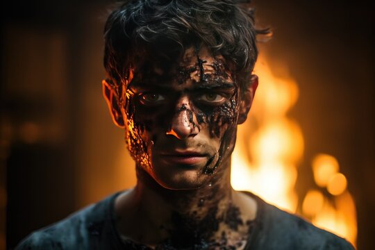 A man with scars and burns on his face standing in front of a fire.