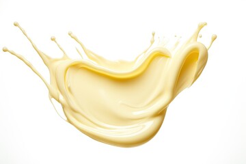 A creamy, pale yellow splash of mayonnaise on a white background.