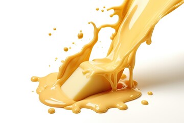 A bright yellow-orange puddle of melted cheese with a glossy texture on a white background. - obrazy, fototapety, plakaty