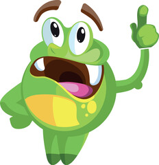 Funny green monster pointing finger. Cartoon creature