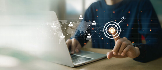 Businessman showing virtual graphic human icon HR human resources recruitment team Staff management business concept.