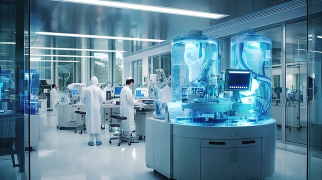 some people working in a large room with lots of machines and glass doors on the walls there is a man wearing a lab coat