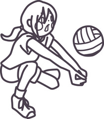 バレーボールでレシーブをしている女の子の線画