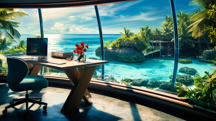 Tropical island workspace with coral reefs and beachfront views.
