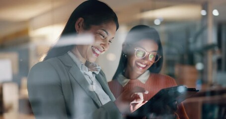 Business women, tablet and teamwork in night office for social media marketing, funny meme and research in window. Happy analyst or manager on digital technology for collaboration or project planning - Powered by Adobe