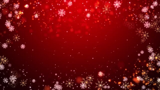 Red moving background and Christmas glittering glowing snowflakes particles and bokeh lights falling shiny. New Years holidays winter frame concept with copy space for text.