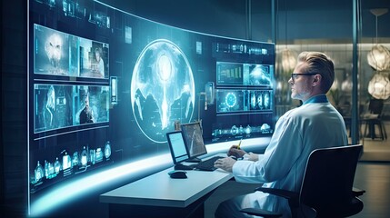 a man sitting at a desk in front of a computer screen with multiple medical images on the wall behind him - Powered by Adobe