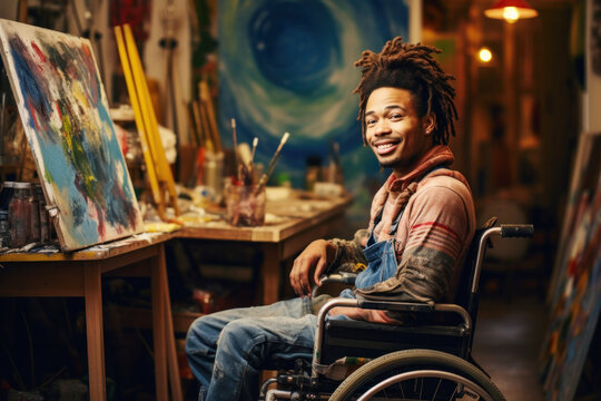 Portrait of disabled male artist on wheelchair on the background of art studio - Powered by Adobe