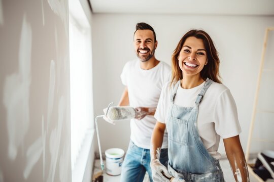 Young happy couple during repair new apartment. AI generated