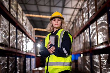 Industry warehouse worker in safety uniform check order details and checking goods supplies on boxes shelve in workplace warehouse industry logistic export import distribution business concept.	