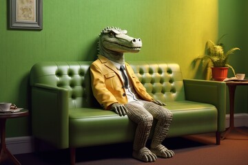 A crocodile dressed in casual clothes sitting in a sofa 