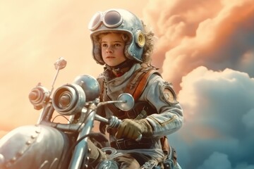 Fototapeta na wymiar kid in spacesuit helmet riding on a rocket. beautiful Generative AI AIG32