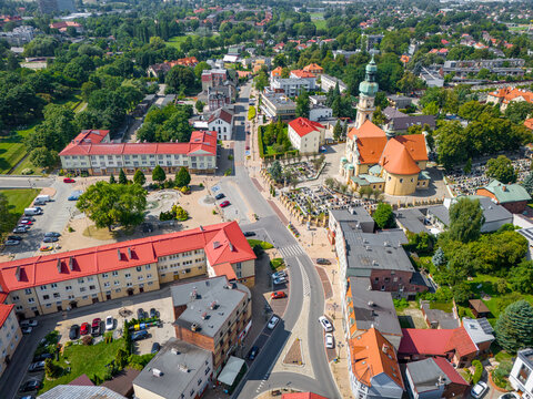 Aerial view of Tychy. Church of St. Mary Magdalene in Tychy located in city center of Tychy. Silesian Voivodeship. Poland.