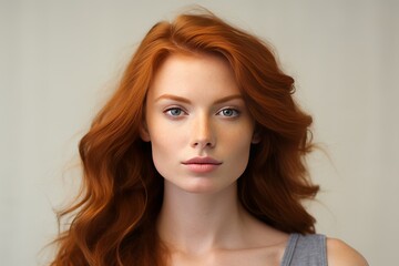 Naklejka premium a clean studio portrait of a gorgeous young caucasian woman with red hair looking into the camera smiling, grey beige colored background
