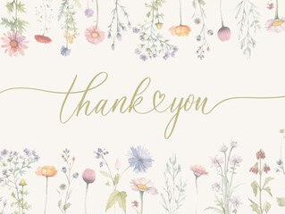Thank you card. Calligraphy with watercolor wild herbs and flowers. Abstract floral art background vector design for wedding invitation and vip cover template.